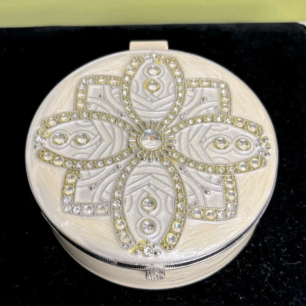 Enamel Rhinestone Jewelry Box Cream Silver